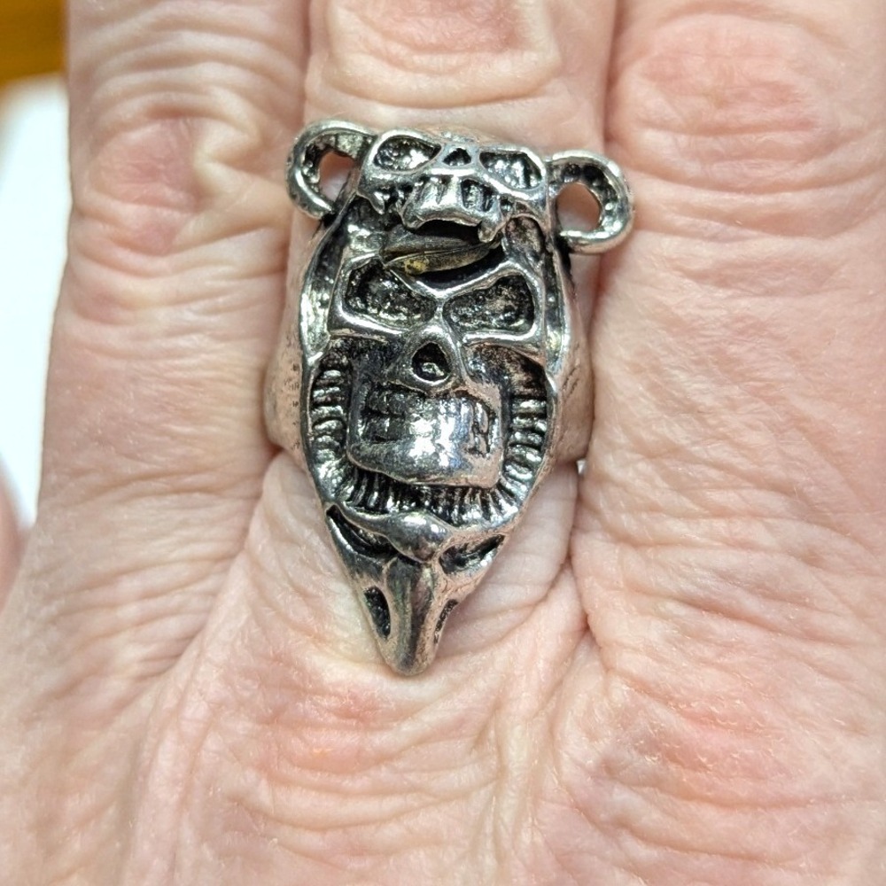 New Double Skull Horns Ring Size 9 Silver Tone Gothic Biker Statement Rebel